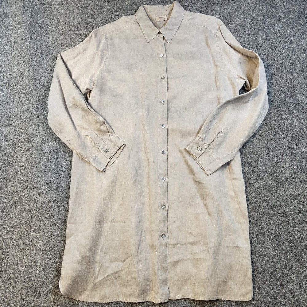 J Jill Womens Medium 100% Linen Button Up Tunic Shirt Taupe Long Sleeve